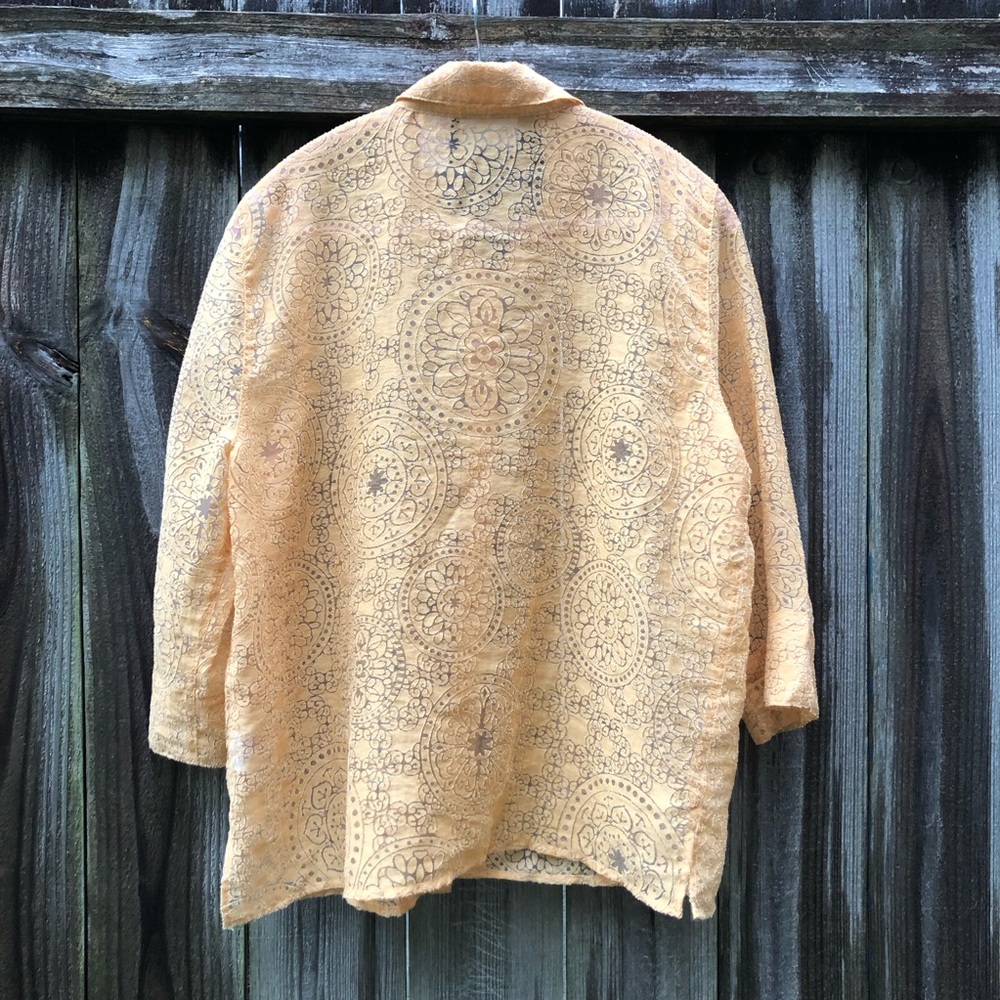 Vintage Sheer Burnout Button Down Top Goldenrod 3/4 Sleeve Moroccan Design - Picture 8 of 12